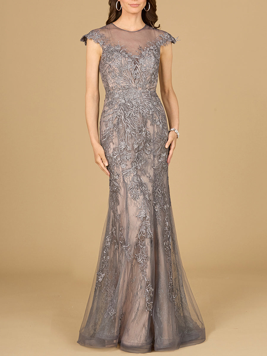 Sheath Lace Gown with Cap Sleeves by Lara New York