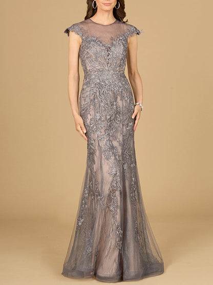 Sheath Lace Gown with Cap Sleeves by Lara New York