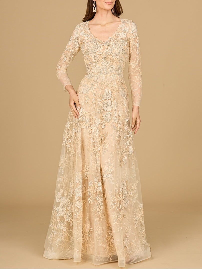 Lace Ballgown with Long Sleeves by Lara New York