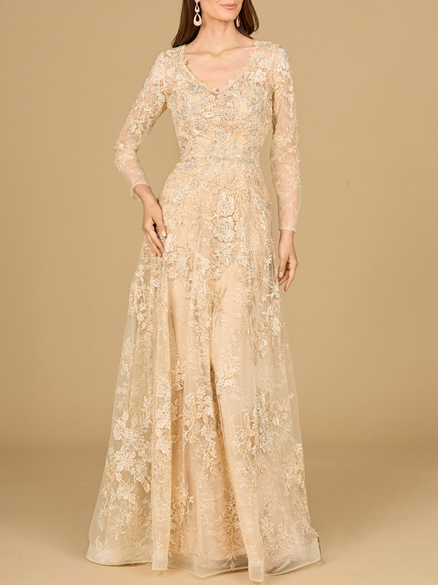 Lace Ballgown with Long Sleeves by Lara New York