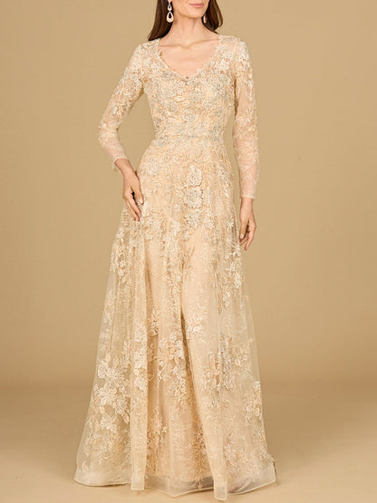 Lace Ballgown with Long Sleeves by Lara New York