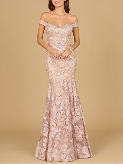 Off Shoulder Mermaid Beaded Gown by Lara New York