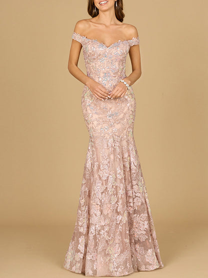 Off Shoulder Mermaid Beaded Gown by Lara New York