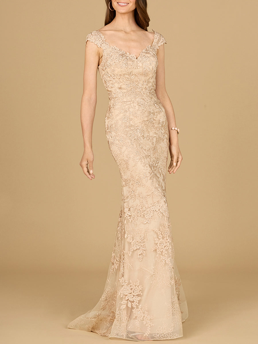 Mermaid Lace Gown with Cap Sleeves by Lara New York
