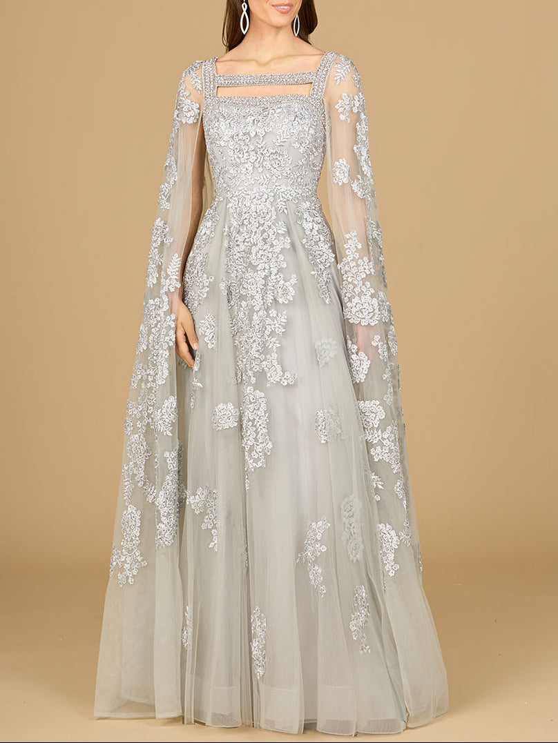 Lace Embroidered Gown with Long Cape Sleeves by Lara New York