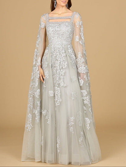 Lace Embroidered Gown with Long Cape Sleeves by Lara New York
