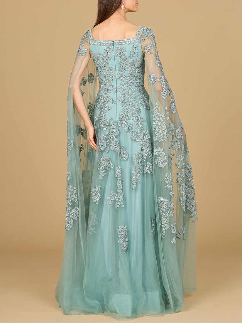 Lace Embroidered Gown with Long Cape Sleeves by Lara New York