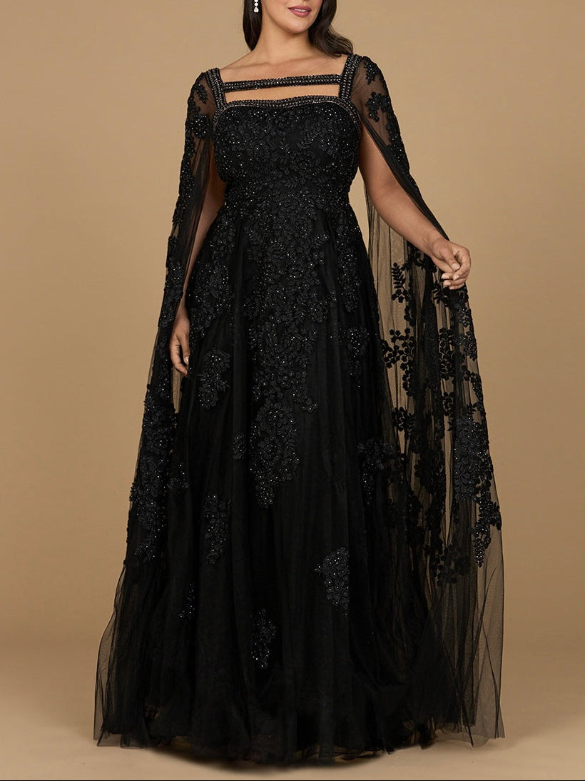 Lace Embroidered Gown with Long Cape Sleeves by Lara New York