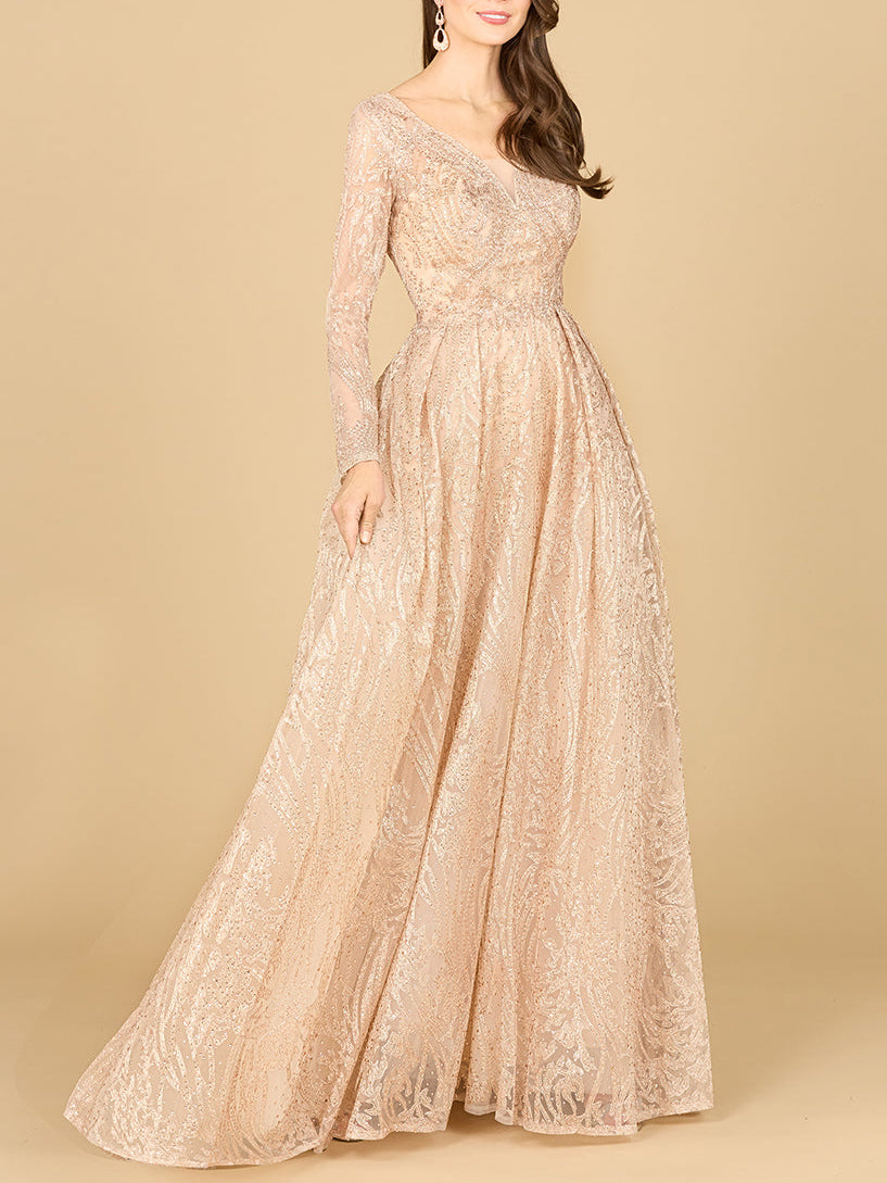 Long Sleeve, A-line Gown with a V-Neckline by Lara New York