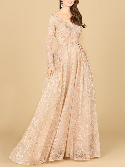 Long Sleeve, A-line Gown with a V-Neckline by Lara New York