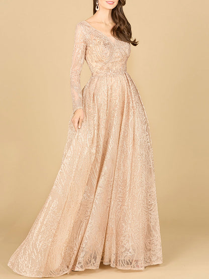 Long Sleeve, A-line Gown with a V-Neckline by Lara New York