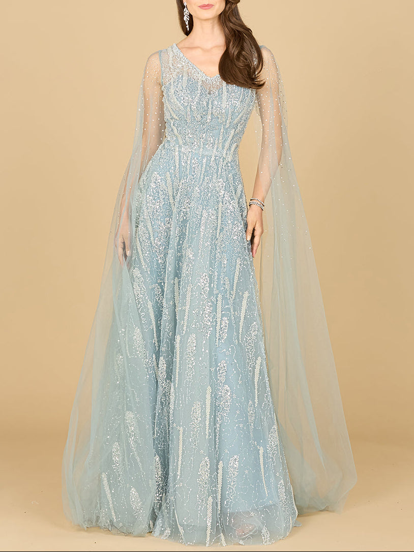 Lace Gown with Cape Sleeves and V-neckline by Lara New York