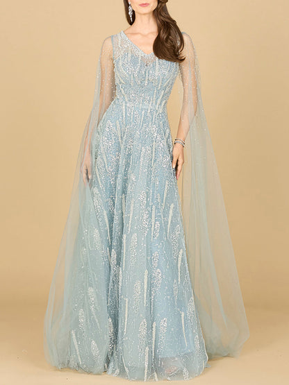Lace Gown with Cape Sleeves and V-neckline by Lara New York