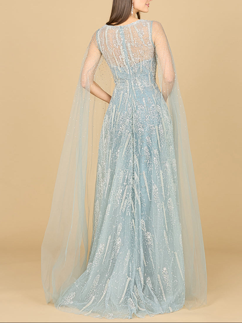 Lace Gown with Cape Sleeves and V-neckline by Lara New York