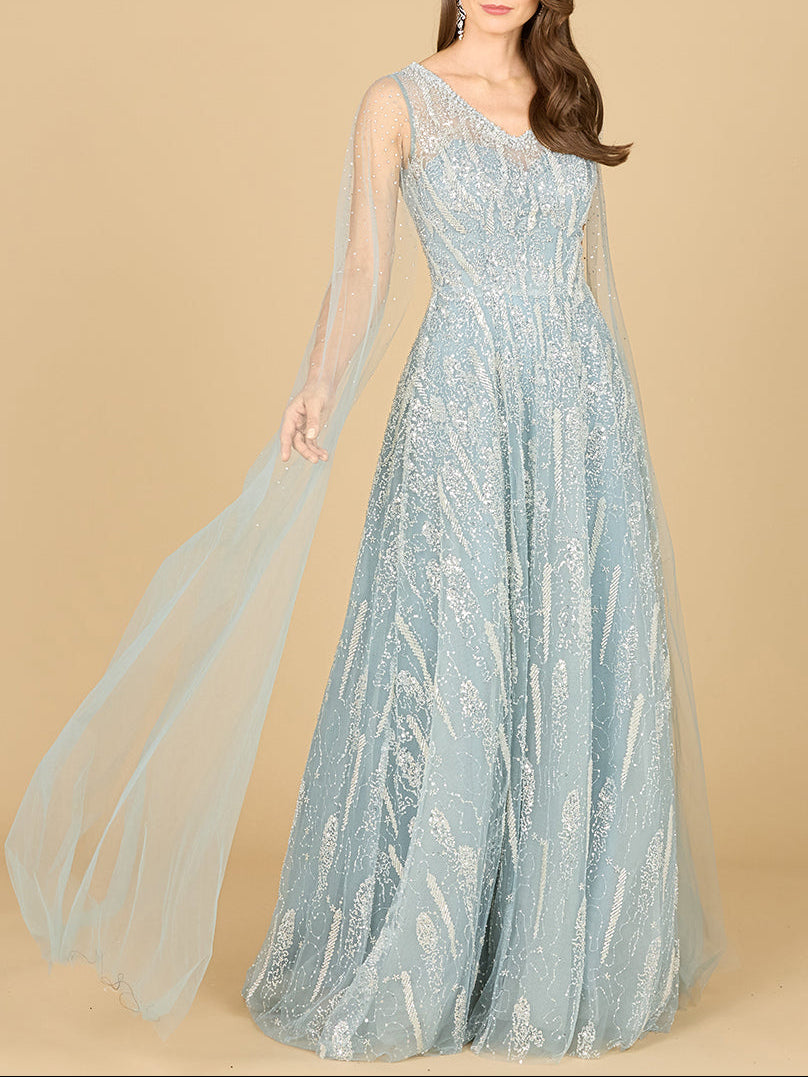 Lace Gown with Cape Sleeves and V-neckline by Lara New York