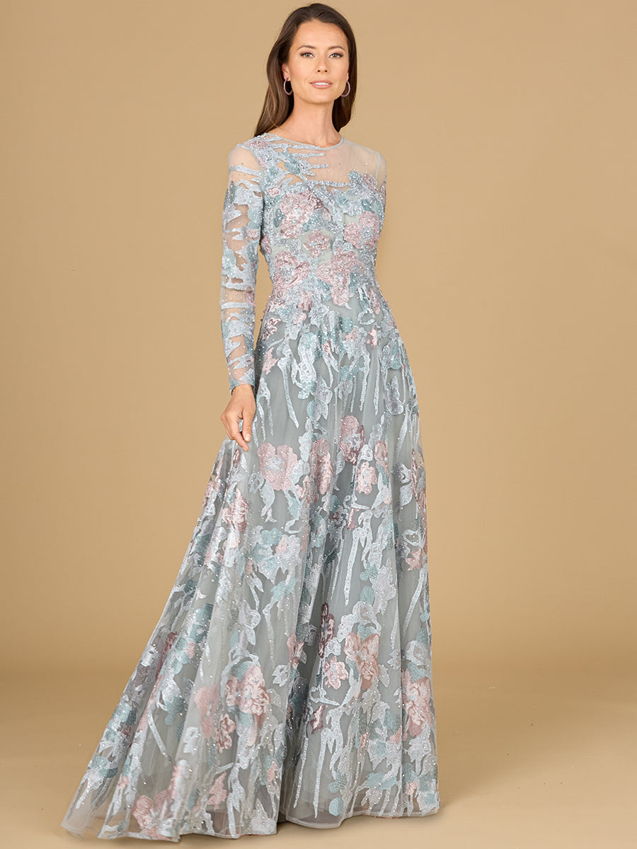 Illusion Neck, Long Sleeve Ballgown by Lara New York