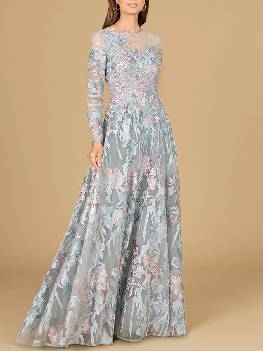 Illusion Neck, Long Sleeve Ballgown by Lara New York