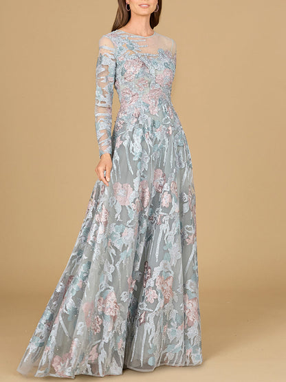 Illusion Neck, Long Sleeve Ballgown by Lara New York