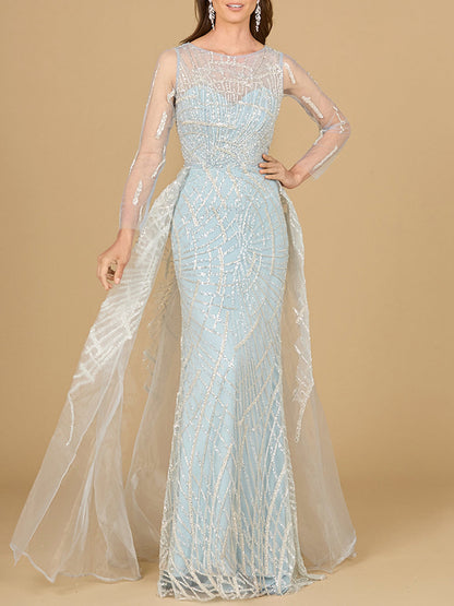 Long Sleeve Lace Gown with Tulle Overskirt by Lara New York