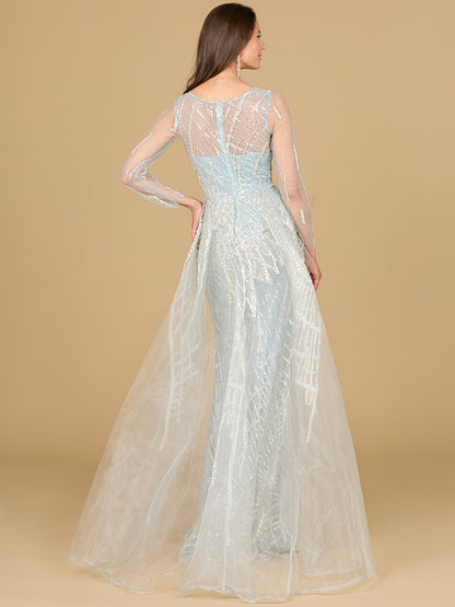 Long Sleeve Lace Gown with Tulle Overskirt by Lara New York