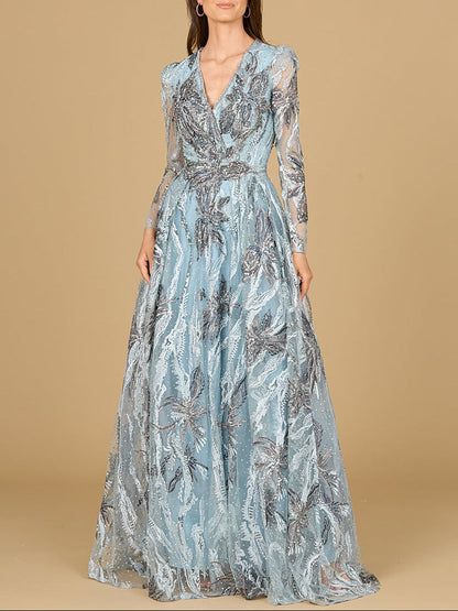 Long Sleeve V-Neck A-Line Gown by Lara New York