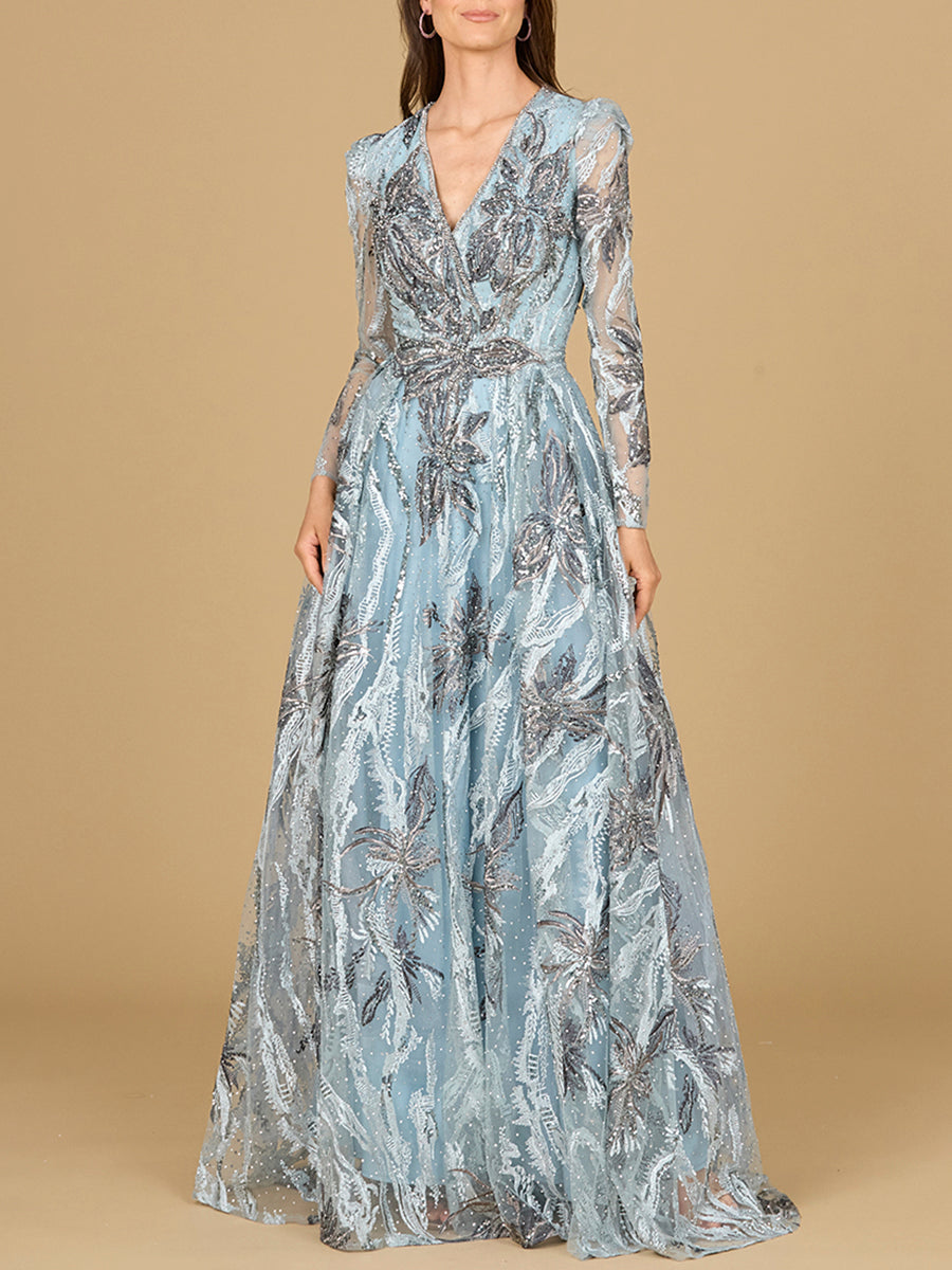 Long Sleeve V-Neck A-Line Gown by Lara New York