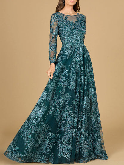 Long Sleeve, Illusion Neck Gown by Lara New York