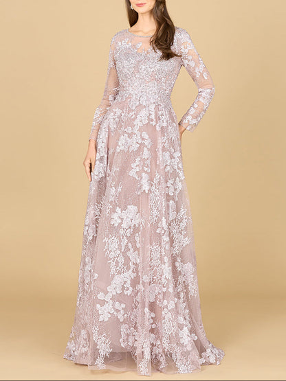 Long Sleeve, Illusion Neck Gown by Lara New York