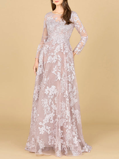Long Sleeve, Illusion Neck Gown by Lara New York