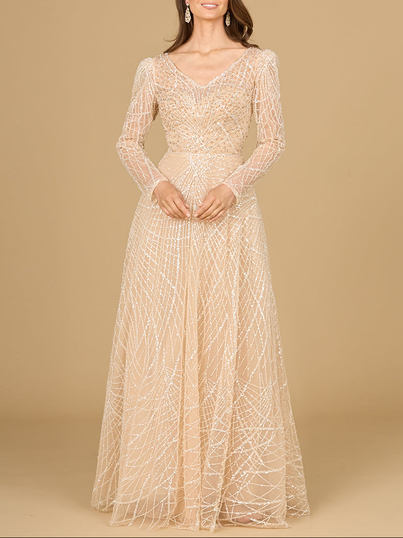Long Sleeve V-Neck Ballgown by Lara New York