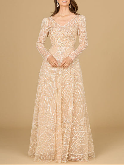 Long Sleeve V-Neck Ballgown by Lara New York