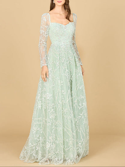 Long Sleeve Beaded Lace Gown by Lara New York