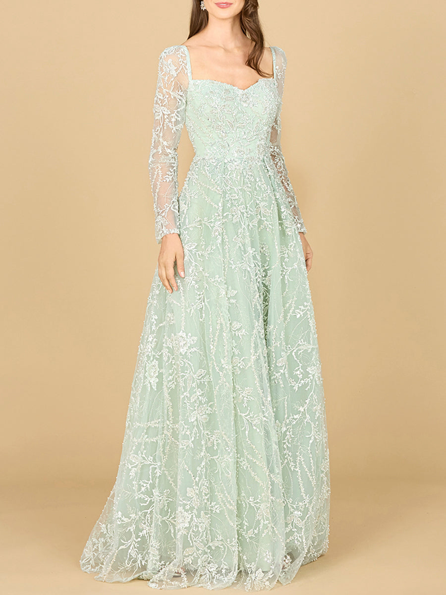 Long Sleeve Beaded Lace Gown by Lara New York