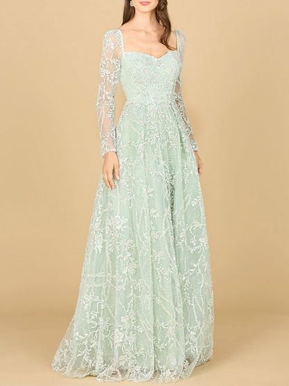 Long Sleeve Beaded Lace Gown by Lara New York