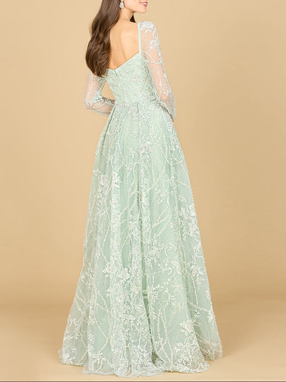 Long Sleeve Beaded Lace Gown by Lara New York