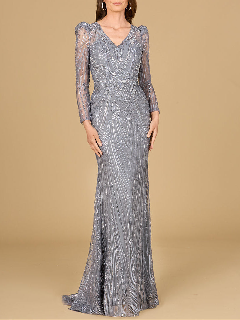 Long Sleeve Sheath Gown with Juliet Sleeves by Lara New York