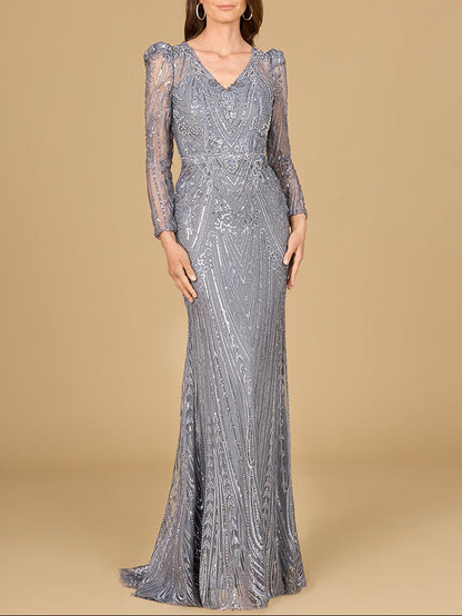 Long Sleeve Sheath Gown with Juliet Sleeves by Lara New York