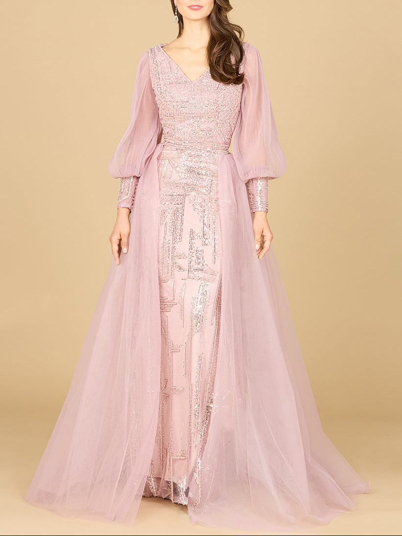 Long Sleeve Lace Gown with Removable Over Skirt by Lara New York