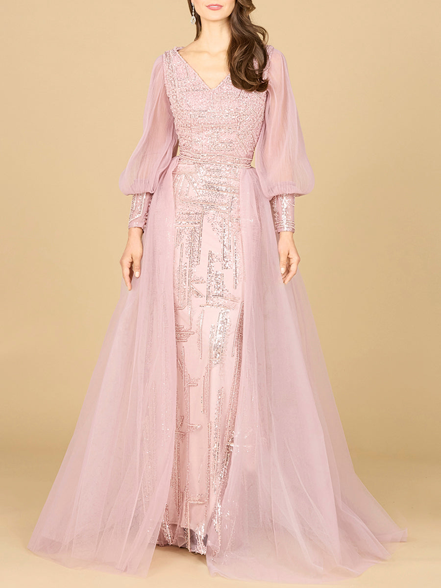 Long Sleeve Lace Gown with Removable Over Skirt by Lara New York