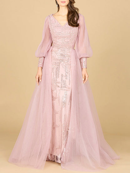 Long Sleeve Lace Gown with Removable Over Skirt by Lara New York