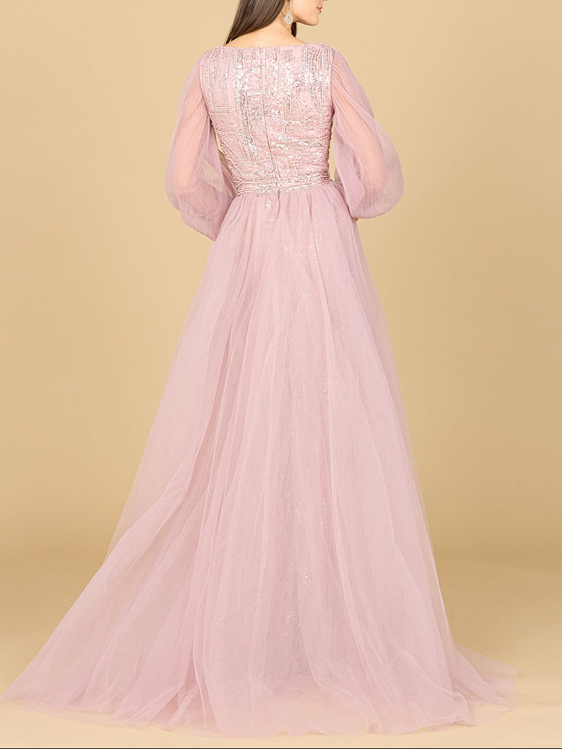 Long Sleeve Lace Gown with Removable Over Skirt by Lara New York