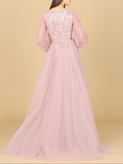 Long Sleeve Lace Gown with Removable Over Skirt by Lara New York