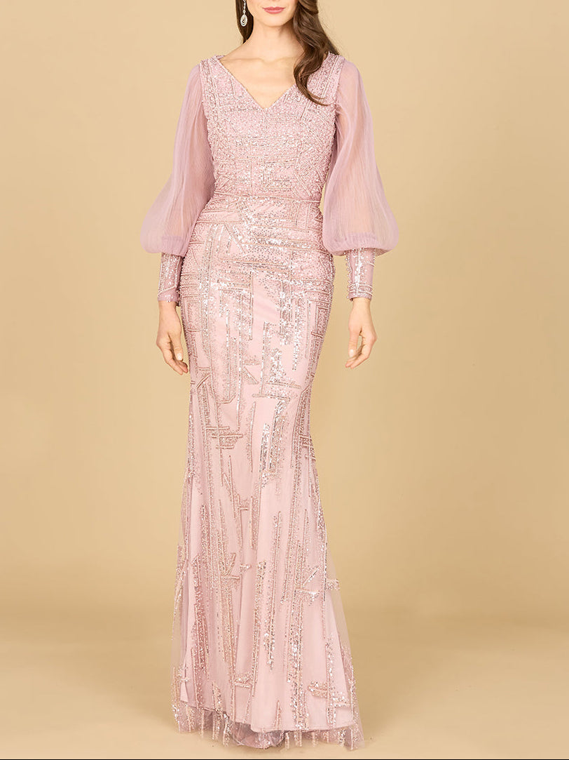 Long Sleeve Lace Gown with Removable Over Skirt by Lara New York