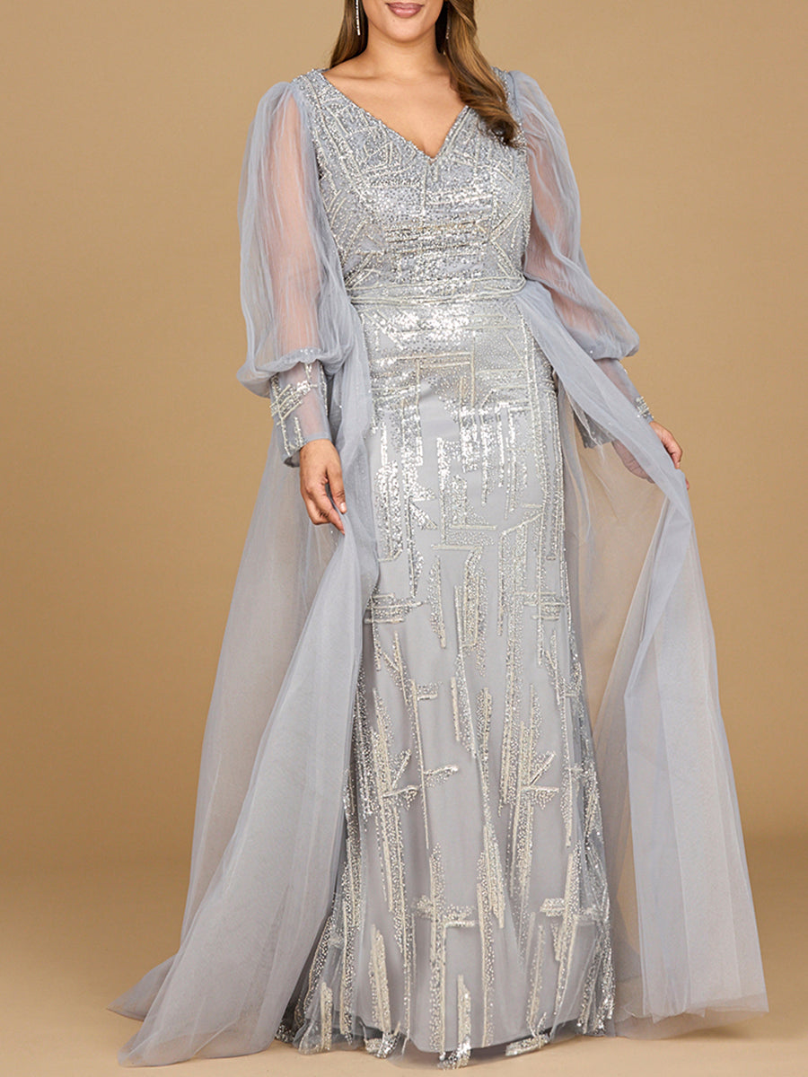 Long Sleeve Lace Gown with Removable Over Skirt by Lara New York