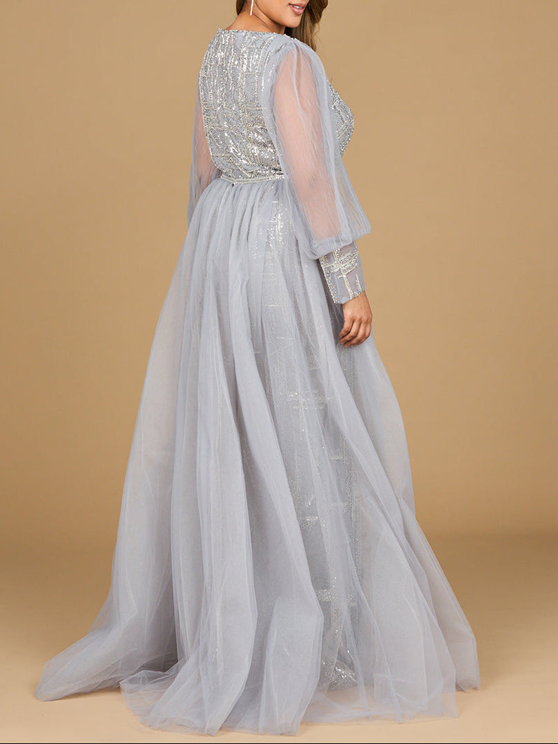 Long Sleeve Lace Gown with Removable Over Skirt by Lara New York