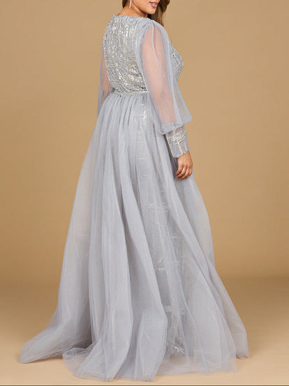Long Sleeve Lace Gown with Removable Over Skirt by Lara New York