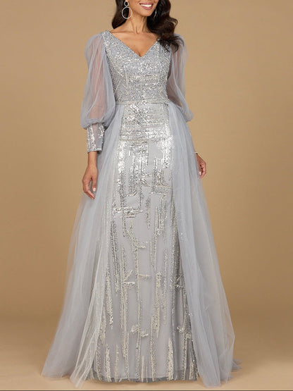 Long Sleeve Lace Gown with Removable Over Skirt by Lara New York