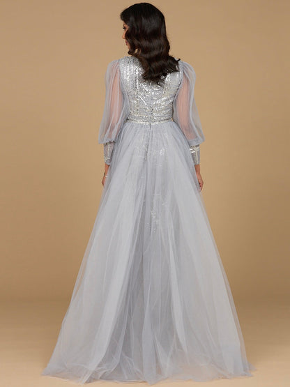 Long Sleeve Lace Gown with Removable Over Skirt by Lara New York