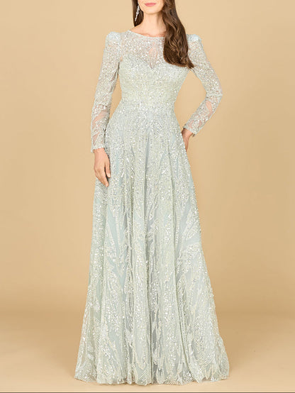 Long Sleeve Beaded Lace Gown by Lara New York