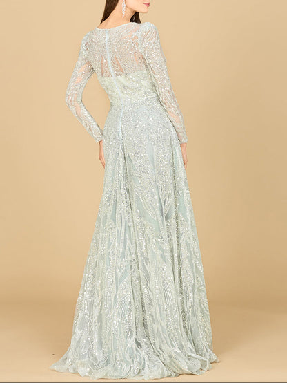 Long Sleeve Beaded Lace Gown by Lara New York